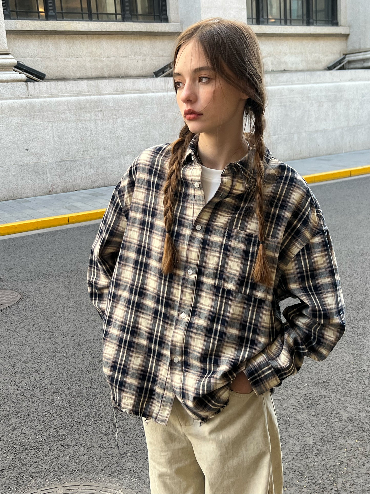 Distressed Long Sleeve Check Shirt