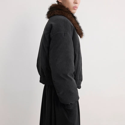 Faded Shearling Collar Down Bomber Jacket