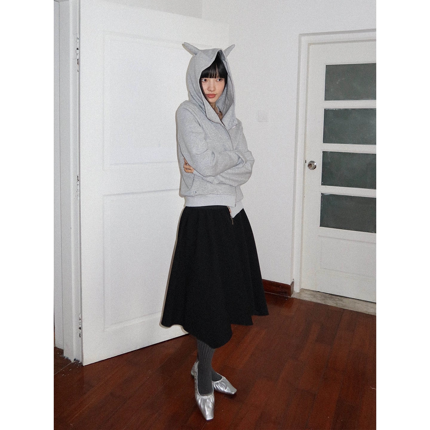 Cropped Scuba Zip Hoodie with Horns & Print