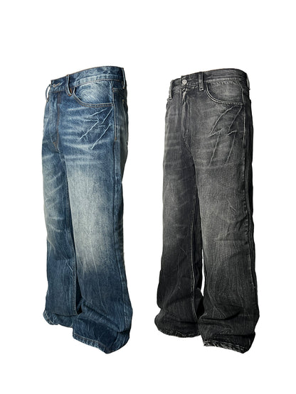 FLASH WHISKER Heavy Washed Flared Straight Denim