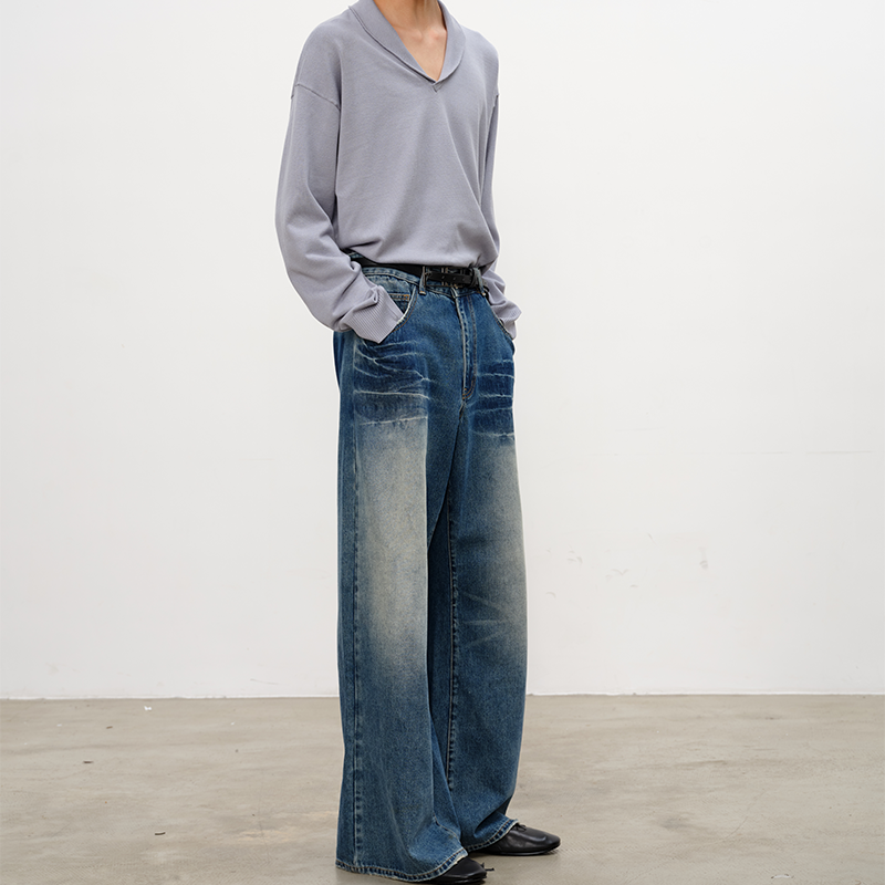 Blue Wave Pattern Straight Denim