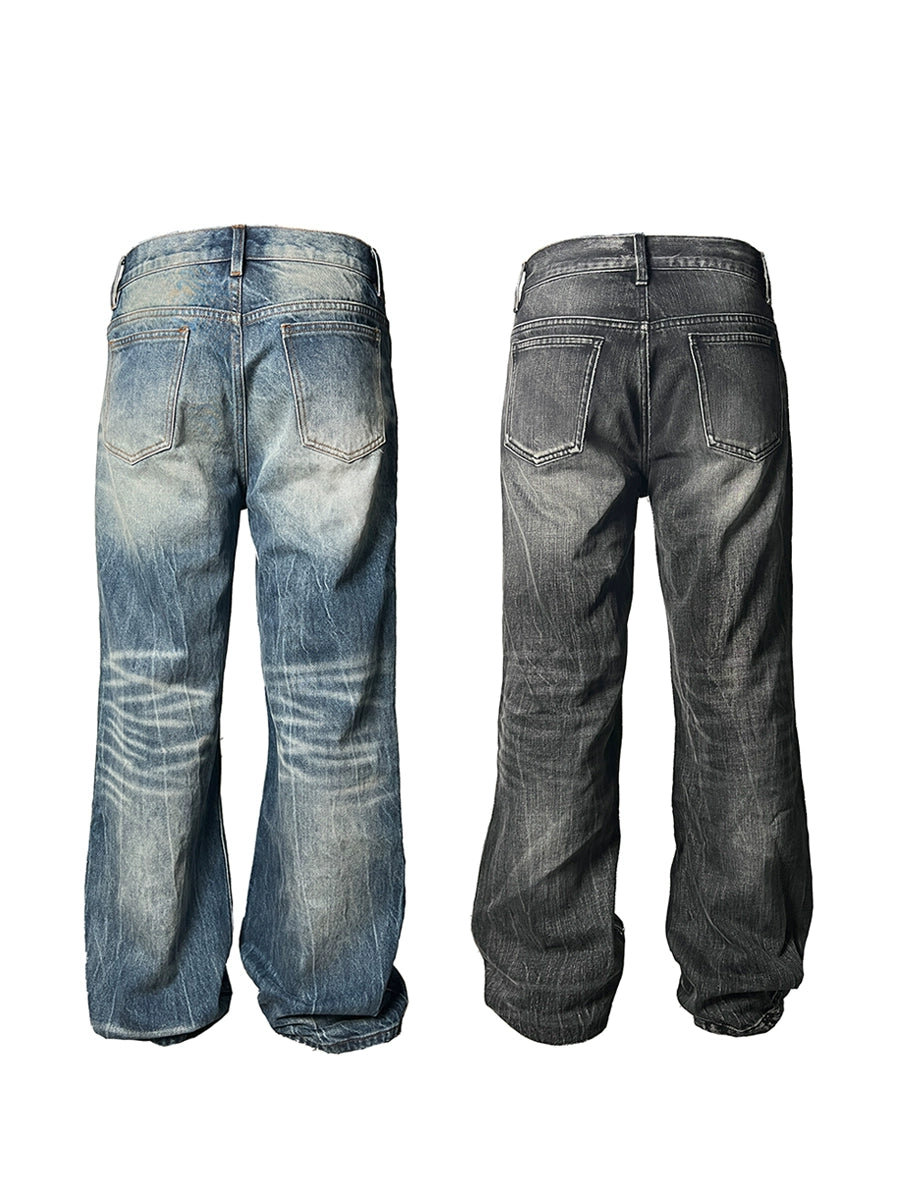 FLASH WHISKER Heavy Washed Flared Straight Denim