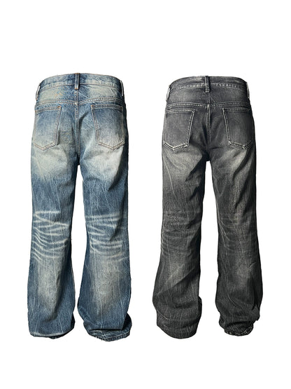 FLASH WHISKER Heavy Washed Flared Straight Denim