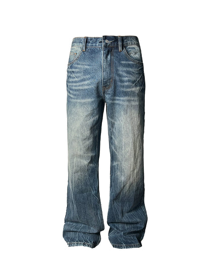 FLASH WHISKER Heavy Washed Flared Straight Denim