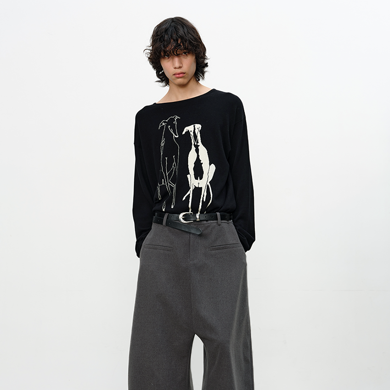 Drop Shoulder Jacquard Dog Knit Sweater