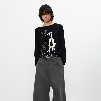 Drop Shoulder Jacquard Dog Knit Sweater