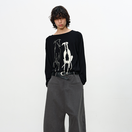Drop Shoulder Jacquard Dog Knit Sweater