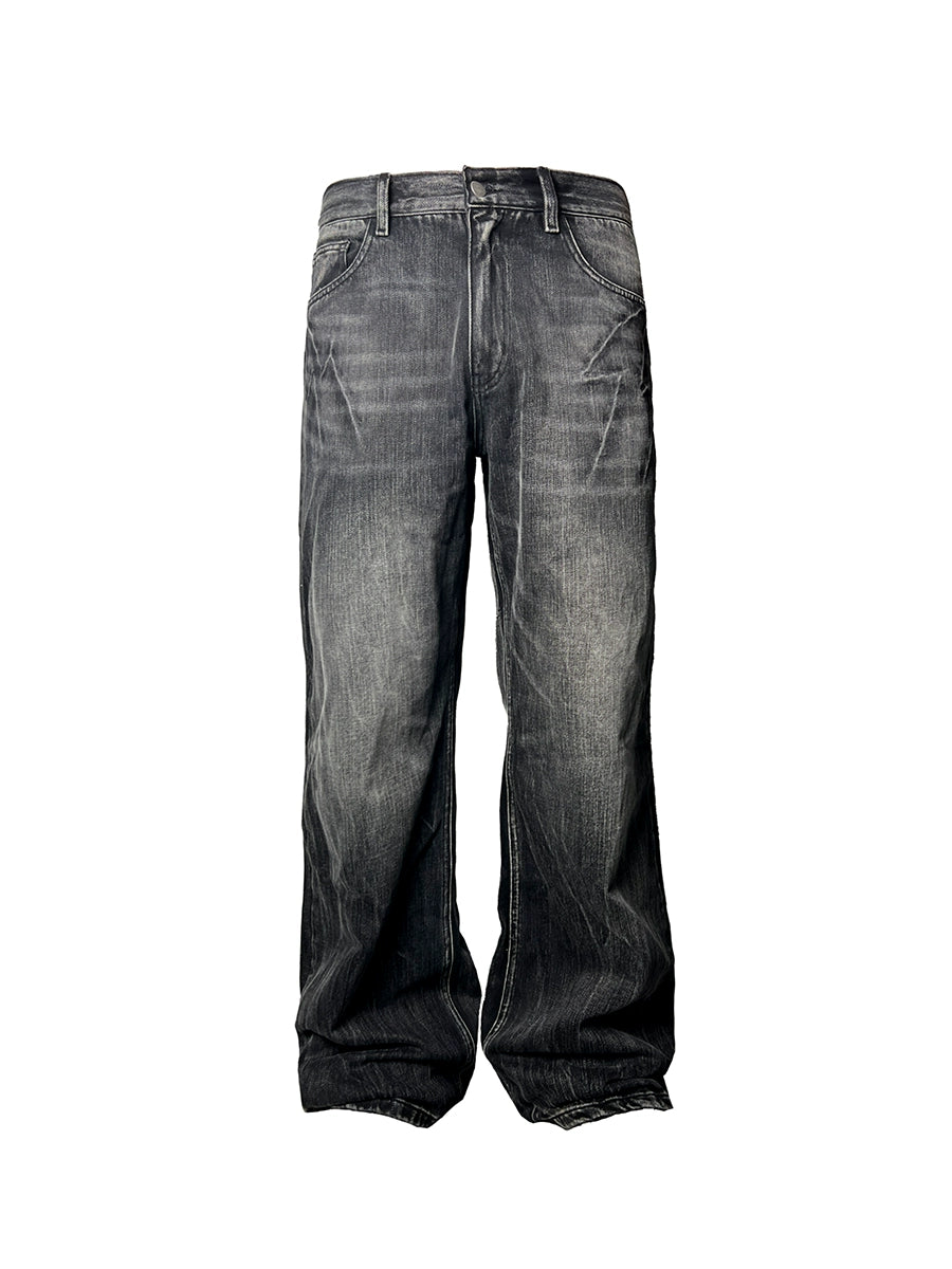 FLASH WHISKER Heavy Washed Flared Straight Denim