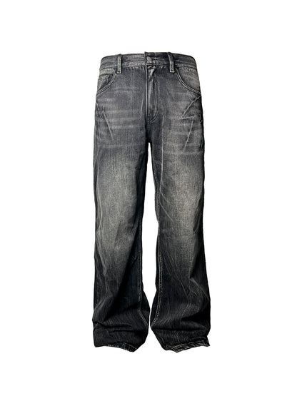 FLASH WHISKER Heavy Washed Flared Straight Denim