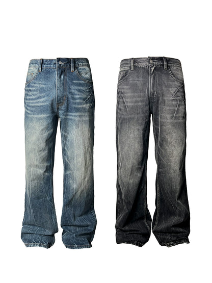 FLASH WHISKER Heavy Washed Flared Straight Denim
