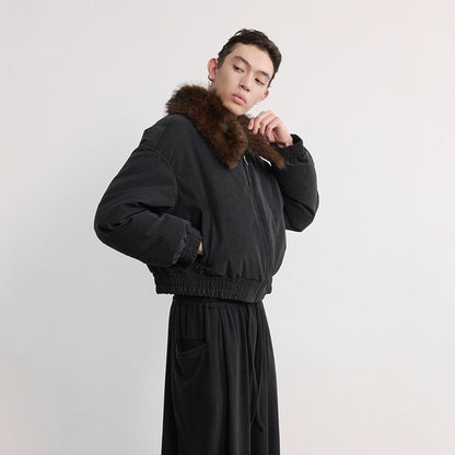 Faded Shearling Collar Down Bomber Jacket