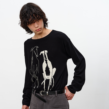 Drop Shoulder Jacquard Dog Knit Sweater