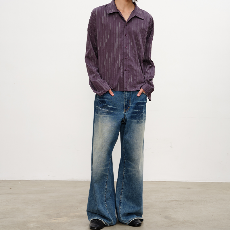 Blue Wave Pattern Straight Denim